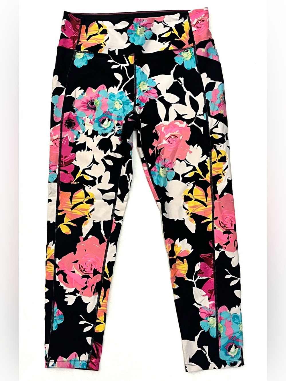 Calvin Klein Performance Wick Black Floral Leggings Pink, Teal & Yellow Accents